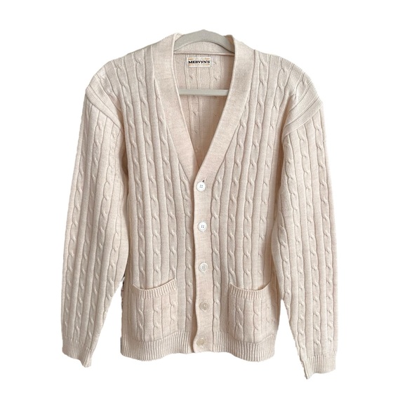 MERVYN’S Men’s Collection Vintage 80s Tan Cable Knit Grandpa Cardigan Sweater - Picture 1 of 13